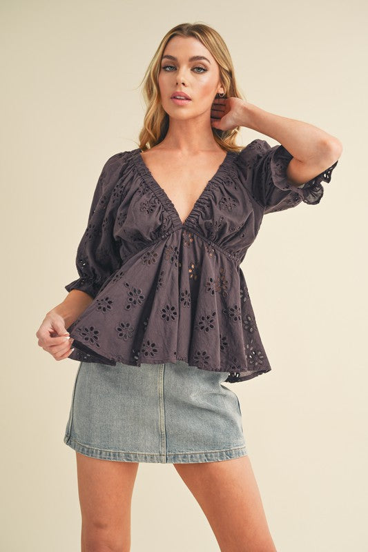 Eyelet Peplum Top with Puff Sleeves Aemi + Co   