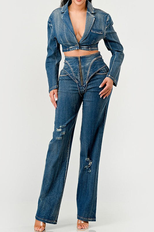 Cool Chick High Waist Denim Pant Set Athina DENIM S 