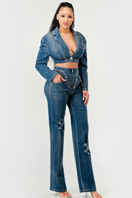 Cool Chick High Waist Denim Pant Set Athina   