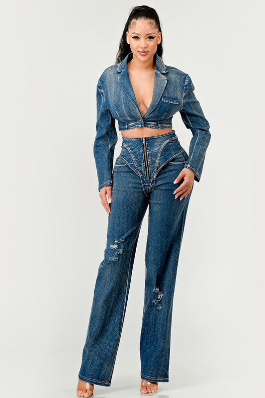 Cool Chick High Waist Denim Pant Set Athina   