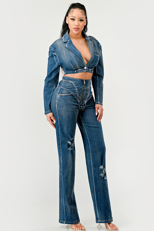 Cool Chick High Waist Denim Pant Set Athina   