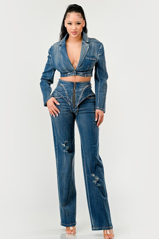 Cool Chick High Waist Denim Pant Set Athina   