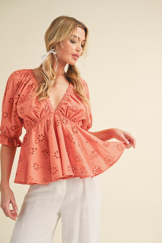 Eyelet Peplum Top with Puff Sleeves Aemi + Co   