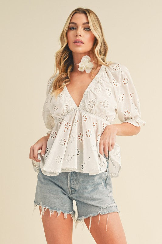 Eyelet Peplum Top with Puff Sleeves Aemi + Co WHITE S 