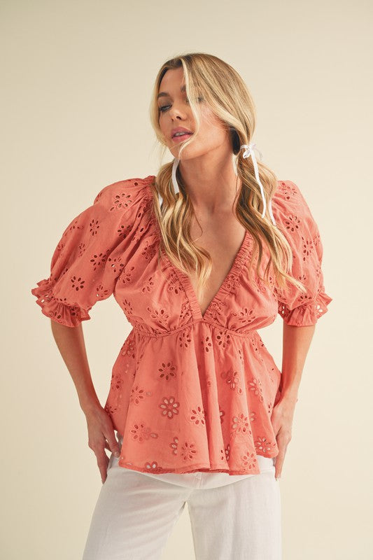 Eyelet Peplum Top with Puff Sleeves Aemi + Co CORAL S 