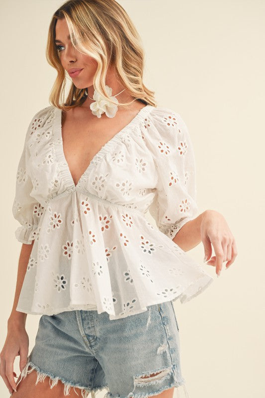 Eyelet Peplum Top with Puff Sleeves Aemi + Co   