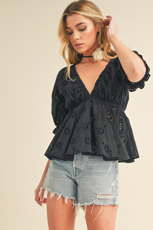 Eyelet Peplum Top with Puff Sleeves Aemi + Co BLACK S 