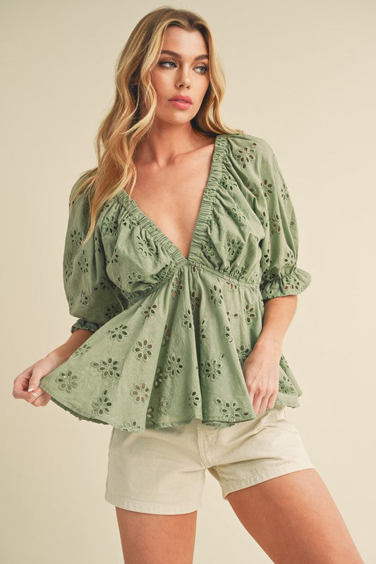 Eyelet Peplum Top with Puff Sleeves Aemi + Co SAGE S 