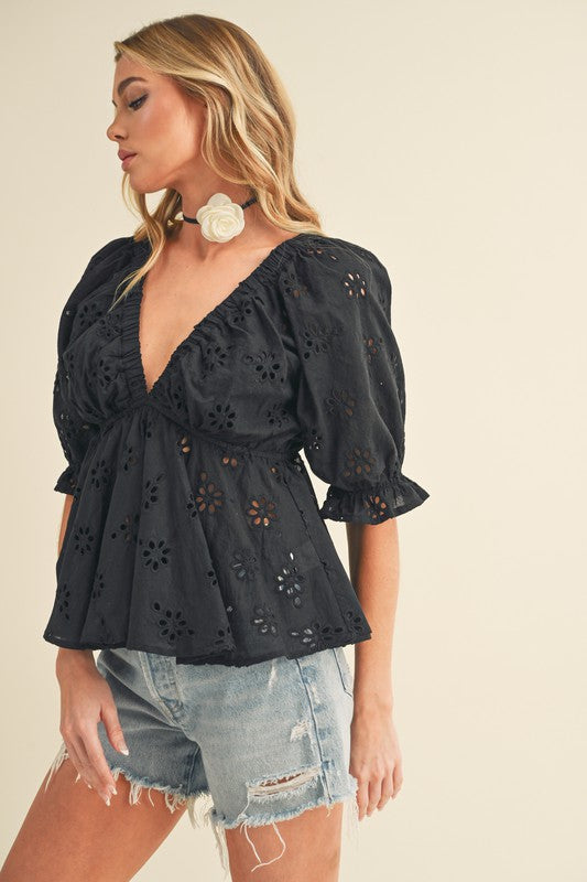 Eyelet Peplum Top with Puff Sleeves Aemi + Co   