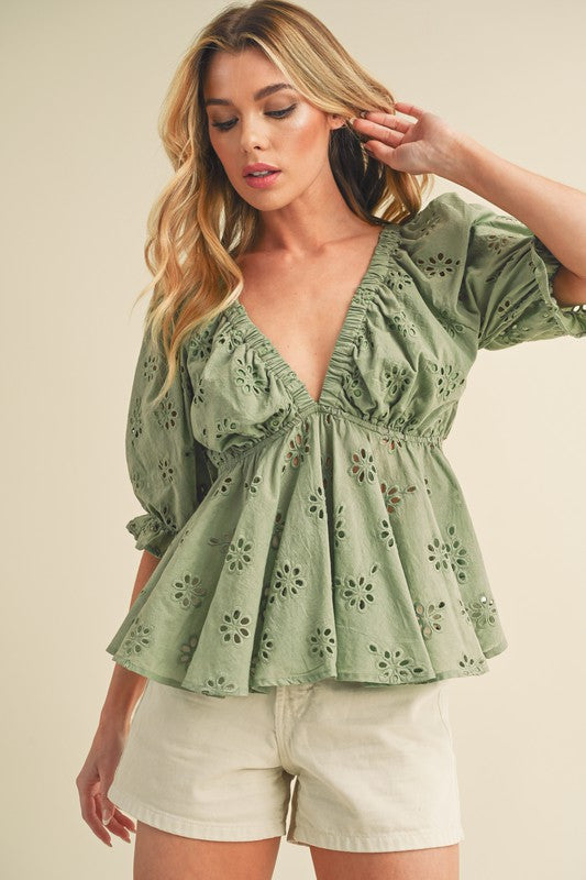 Eyelet Peplum Top with Puff Sleeves Aemi + Co   