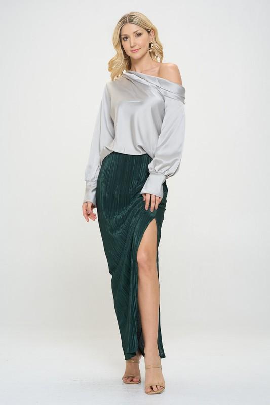 Olive Green Plisse Maxi Skirt with Slit Renee C.   