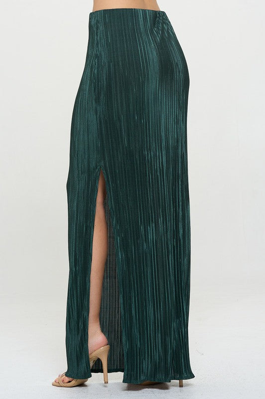 Olive Green Plisse Maxi Skirt with Slit Renee C.   