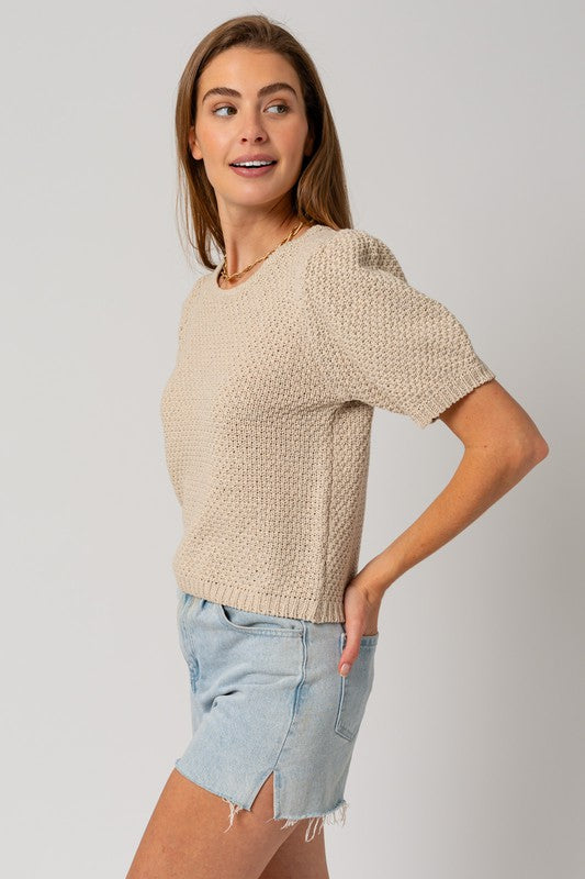 Puff Sleeve Round Neck Texture Sweater Top Gilli   