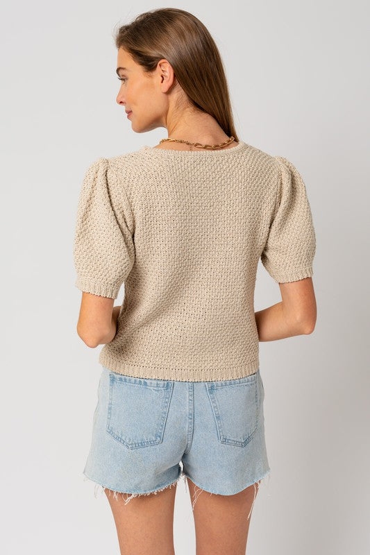 Puff Sleeve Round Neck Texture Sweater Top Gilli   