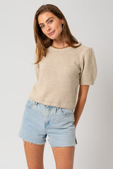 Puff Sleeve Round Neck Texture Sweater Top Gilli   