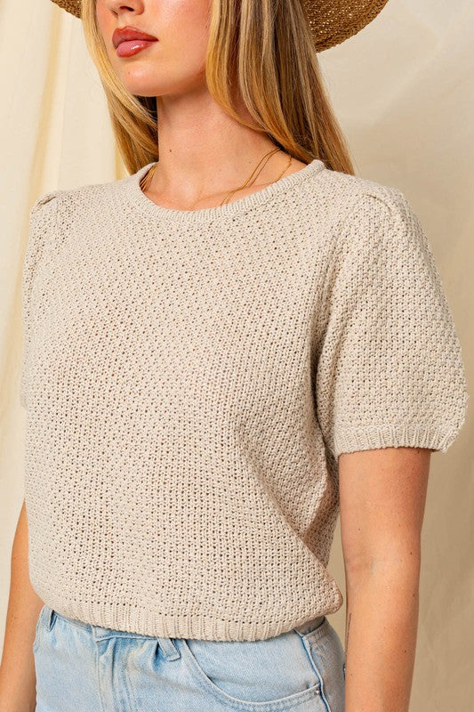 Puff Sleeve Round Neck Texture Sweater Top Gilli   