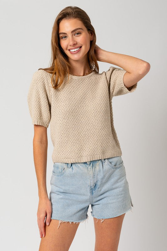 Puff Sleeve Round Neck Texture Sweater Top Gilli   