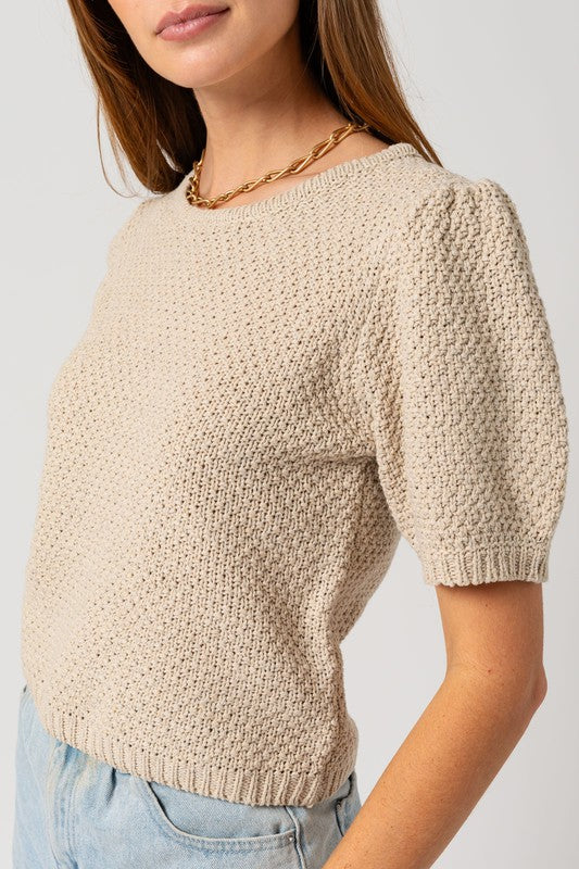 Puff Sleeve Round Neck Texture Sweater Top Gilli   