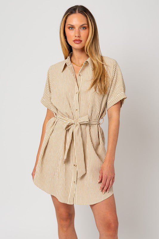 Half Sleeve Button Down Stripe Shirt Dress Gilli CREAM-TAUPE STRIPE S 