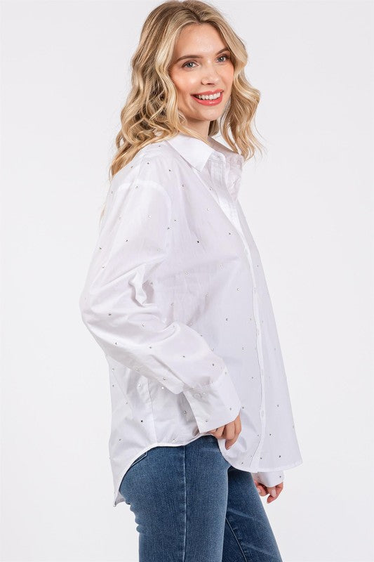 Rhinestone Button Up Collar Neck Shirt GeeGee   