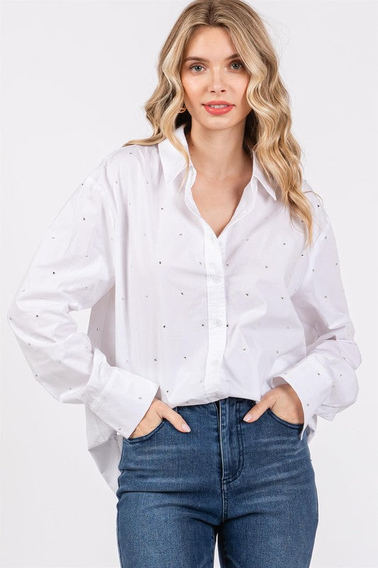 Rhinestone Button Up Collar Neck Shirt GeeGee   