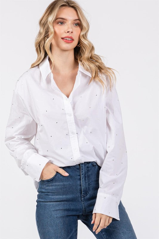 Rhinestone Button Up Collar Neck Shirt GeeGee   