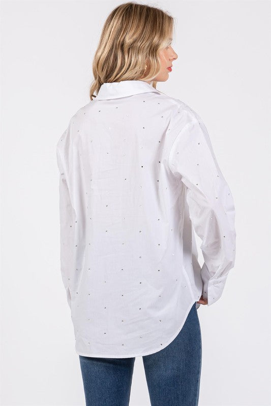 Rhinestone Button Up Collar Neck Shirt GeeGee   