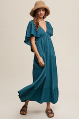 V-neck Ruffle Sleeve Flowy Maxi Vacation Dress Listicle   