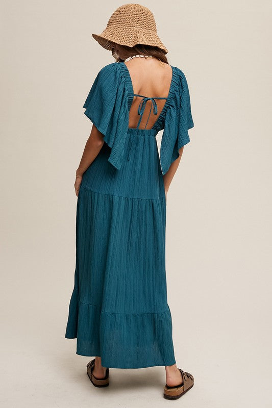 V-neck Ruffle Sleeve Flowy Maxi Vacation Dress Listicle   