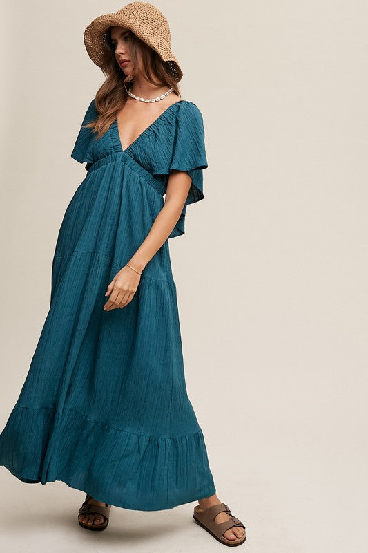 V-neck Ruffle Sleeve Flowy Maxi Vacation Dress Listicle   