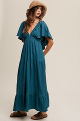 V-neck Ruffle Sleeve Flowy Maxi Vacation Dress Listicle   