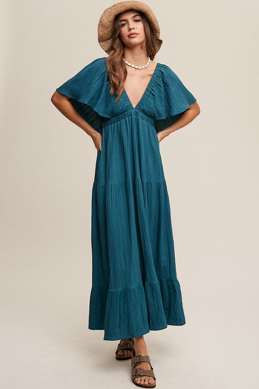 V-neck Ruffle Sleeve Flowy Maxi Vacation Dress Listicle Emerald Green S 