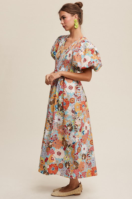 Flower Print Smocked V-neck Puff Sleeve Maxi Dress SALE   