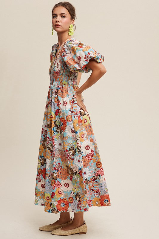 Flower Print Smocked V-neck Puff Sleeve Maxi Dress SALE   