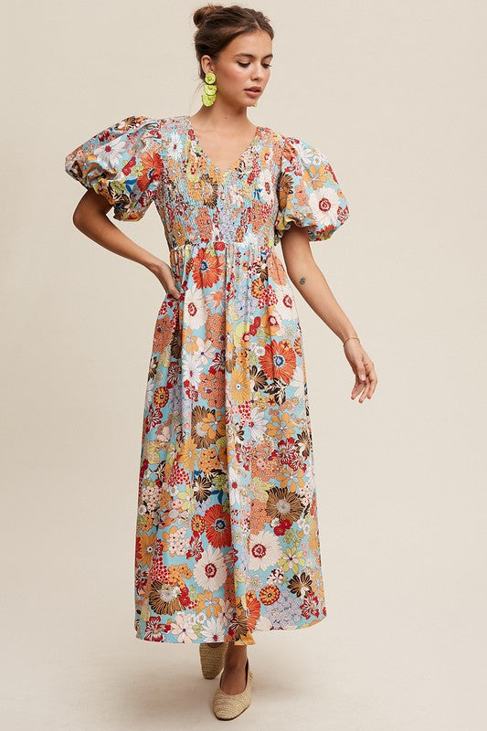 Flower Print Smocked V-neck Puff Sleeve Maxi Dress SALE   