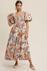 Flower Print Smocked V-neck Puff Sleeve Maxi Dress SALE Aqua S 