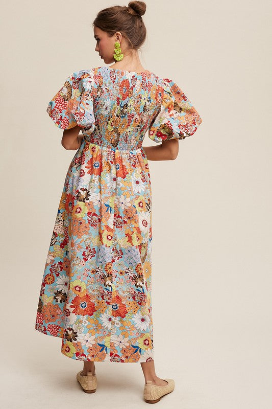 Flower Print Smocked V-neck Puff Sleeve Maxi Dress SALE   