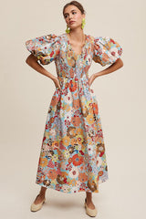 Flower Print Smocked V-neck Puff Sleeve Maxi Dress SALE   