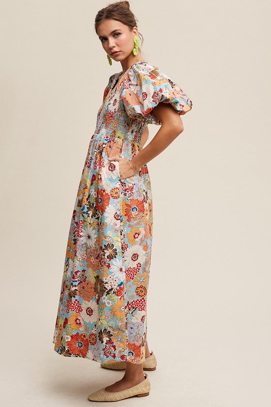 Flower Print Smocked V-neck Puff Sleeve Maxi Dress SALE   