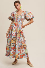 Flower Print Smocked V-neck Puff Sleeve Maxi Dress SALE   