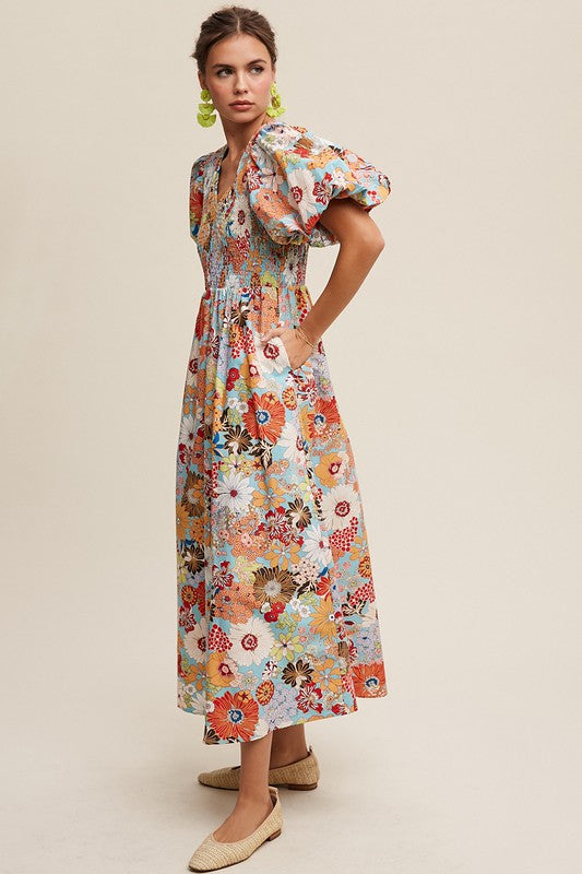 Flower Print Smocked V-neck Puff Sleeve Maxi Dress SALE   