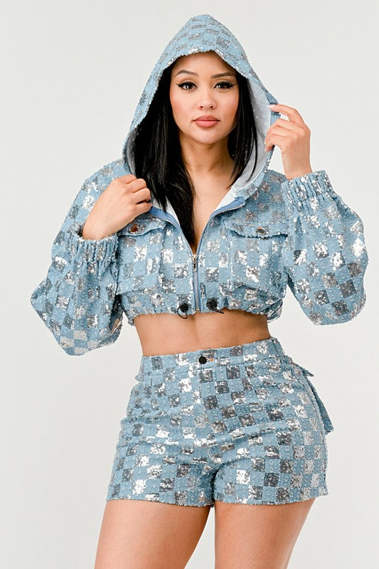 Glitz & Denim Sequin Hoodie Set Athina   