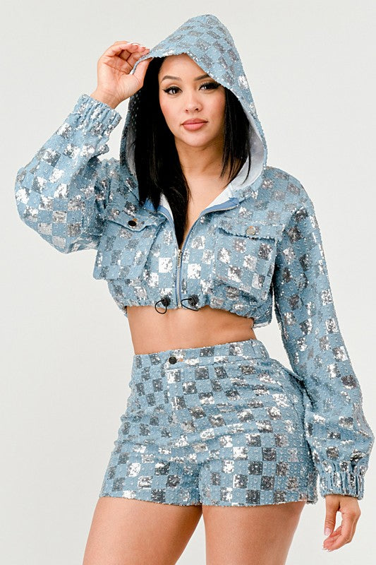 Glitz & Denim Sequin Hoodie Set Athina   