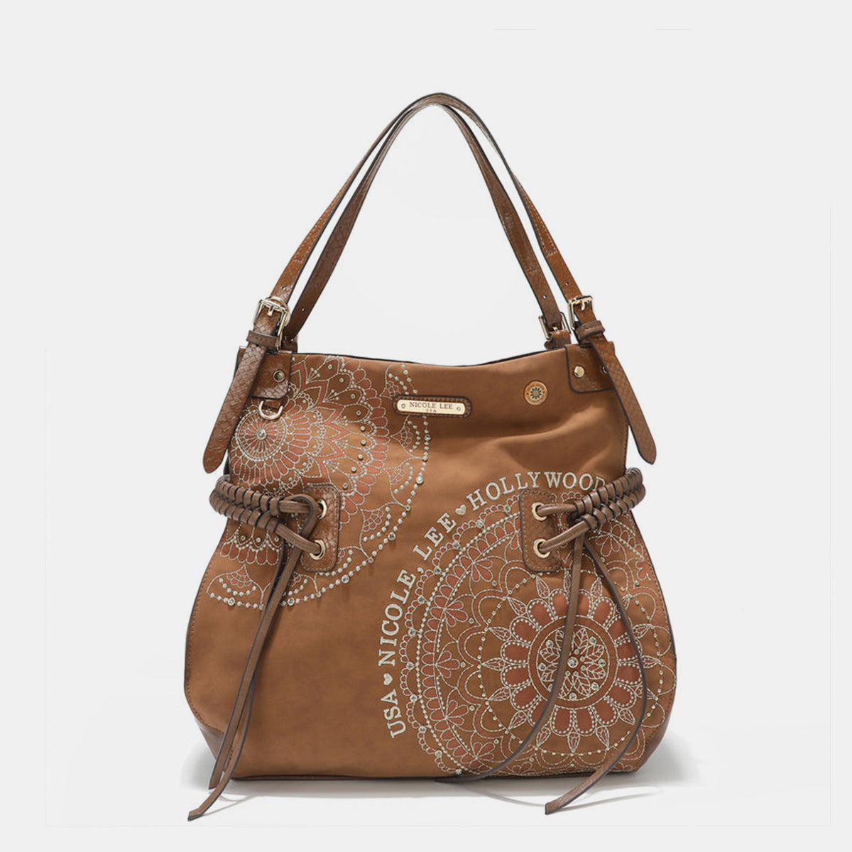 Side Braided Tassel Inlaid Rhinestone Embroidery Hobo Bag Nicole Lee USA Brown One Size 