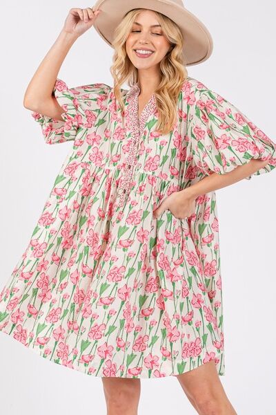 Floral Half Button Notched Puff Sleeve Dress Sage + Fig Pink S