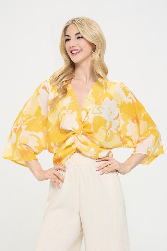 Floral Mid Sleeve Front Twist Top Renee C.   