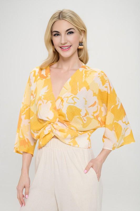 Floral Mid Sleeve Front Twist Top Renee C.   