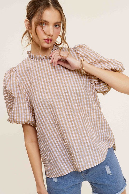 Gingham Check Print Puff Sleeve Mock Neck Top La Miel   