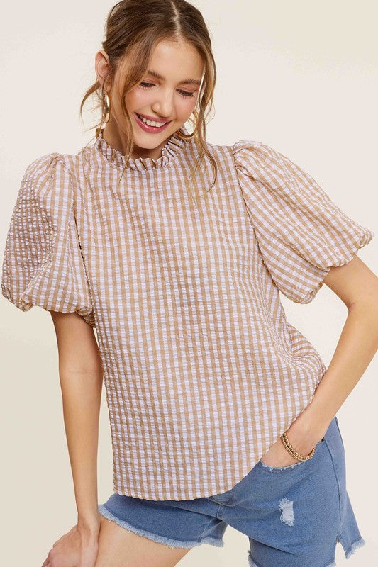 Gingham Check Print Puff Sleeve Mock Neck Top La Miel   