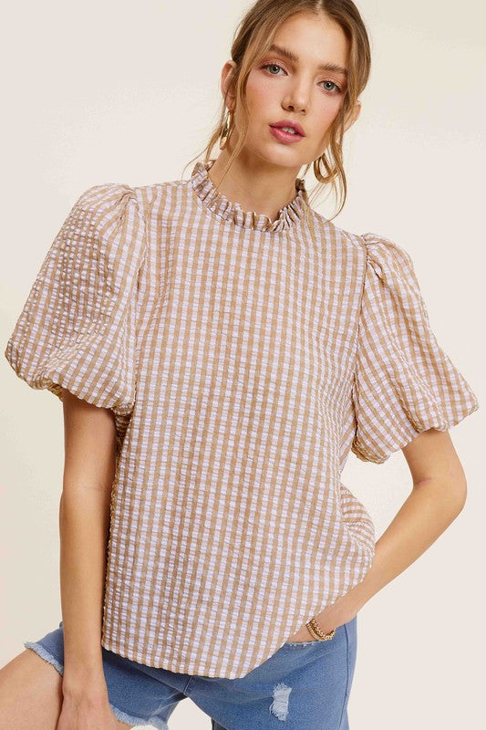 Gingham Check Print Puff Sleeve Mock Neck Top La Miel   